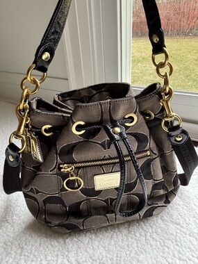 Coach Poppy Y2K Signature Canvas Cinch Drawstring Bucket Bag Black & Gold Trim